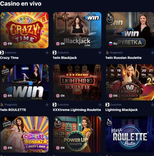 Juegos en la sección de casino en vivo